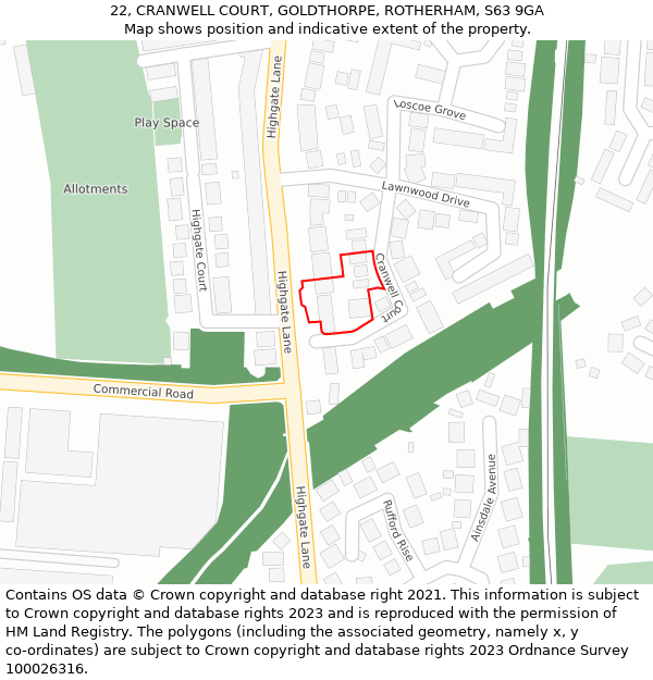22, CRANWELL COURT, GOLDTHORPE, ROTHERHAM, S63 9GA: Location map and indicative extent of plot
