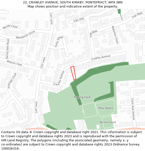 22, CRAWLEY AVENUE, SOUTH KIRKBY, PONTEFRACT, WF9 3BN: Location map and indicative extent of plot