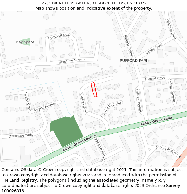 22, CRICKETERS GREEN, YEADON, LEEDS, LS19 7YS: Location map and indicative extent of plot