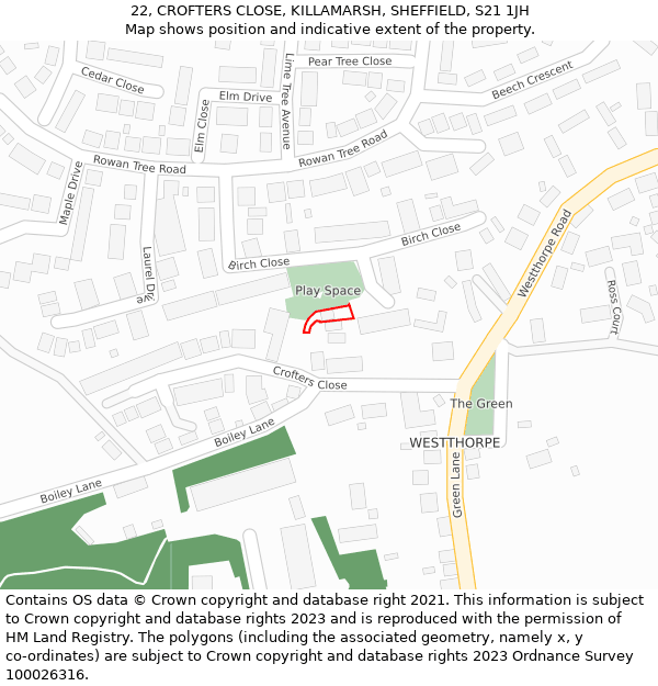 22, CROFTERS CLOSE, KILLAMARSH, SHEFFIELD, S21 1JH: Location map and indicative extent of plot