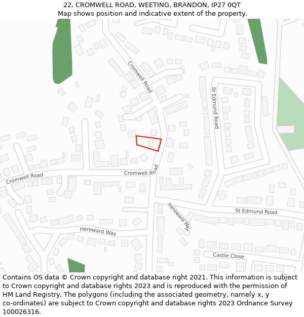 22, CROMWELL ROAD, WEETING, BRANDON, IP27 0QT: Location map and indicative extent of plot