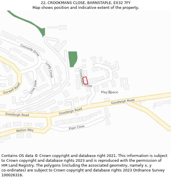 22, CROOKMANS CLOSE, BARNSTAPLE, EX32 7FY: Location map and indicative extent of plot