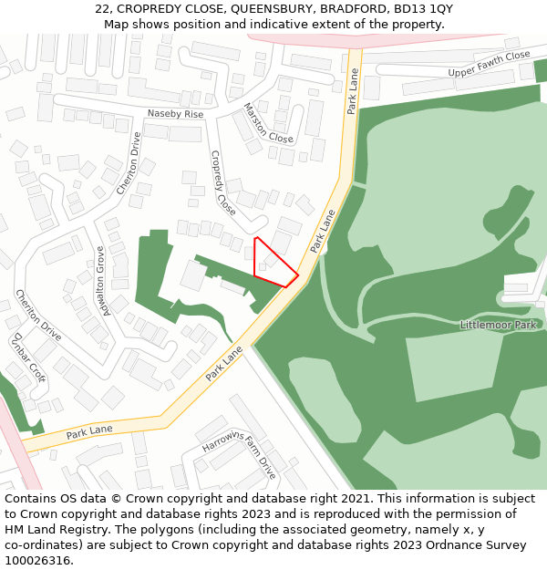 22, CROPREDY CLOSE, QUEENSBURY, BRADFORD, BD13 1QY: Location map and indicative extent of plot