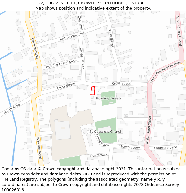 22, CROSS STREET, CROWLE, SCUNTHORPE, DN17 4LH: Location map and indicative extent of plot