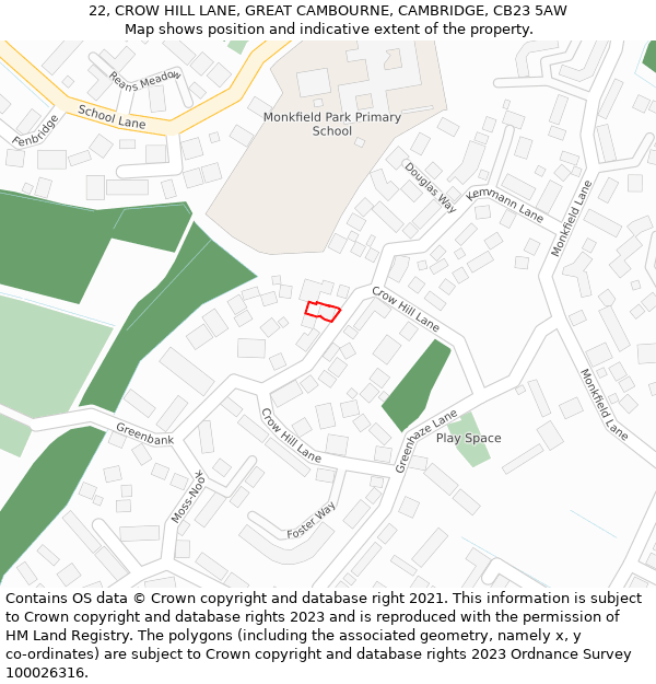 22, CROW HILL LANE, GREAT CAMBOURNE, CAMBRIDGE, CB23 5AW: Location map and indicative extent of plot