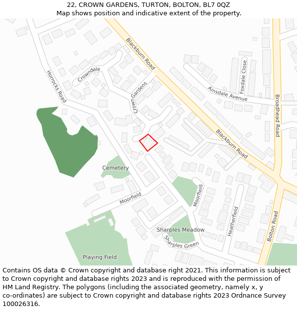 22, CROWN GARDENS, TURTON, BOLTON, BL7 0QZ: Location map and indicative extent of plot