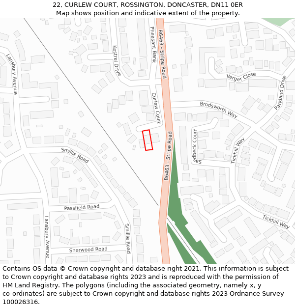 22, CURLEW COURT, ROSSINGTON, DONCASTER, DN11 0ER: Location map and indicative extent of plot