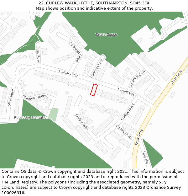 22, CURLEW WALK, HYTHE, SOUTHAMPTON, SO45 3FX: Location map and indicative extent of plot