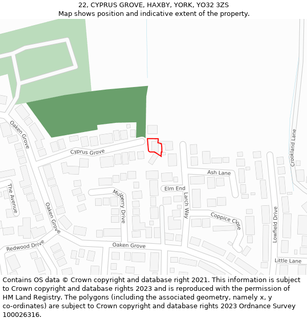 22, CYPRUS GROVE, HAXBY, YORK, YO32 3ZS: Location map and indicative extent of plot