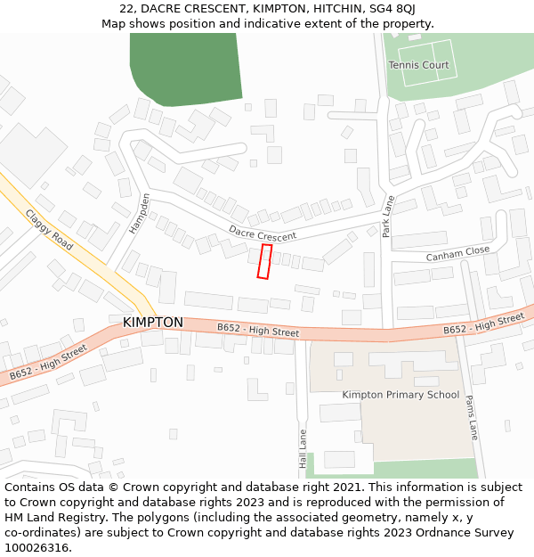 22, DACRE CRESCENT, KIMPTON, HITCHIN, SG4 8QJ: Location map and indicative extent of plot