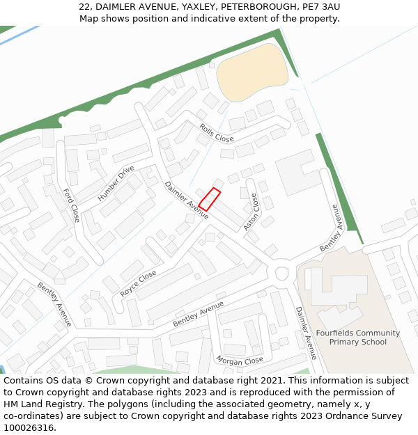 22, DAIMLER AVENUE, YAXLEY, PETERBOROUGH, PE7 3AU: Location map and indicative extent of plot