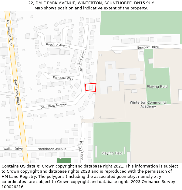 22, DALE PARK AVENUE, WINTERTON, SCUNTHORPE, DN15 9UY: Location map and indicative extent of plot