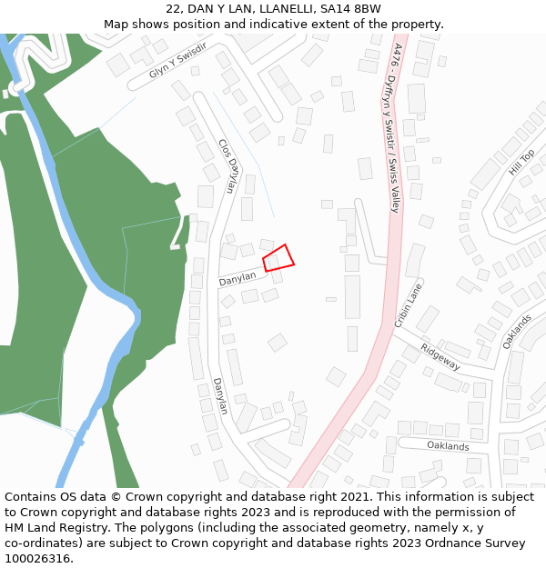 22, DAN Y LAN, LLANELLI, SA14 8BW: Location map and indicative extent of plot