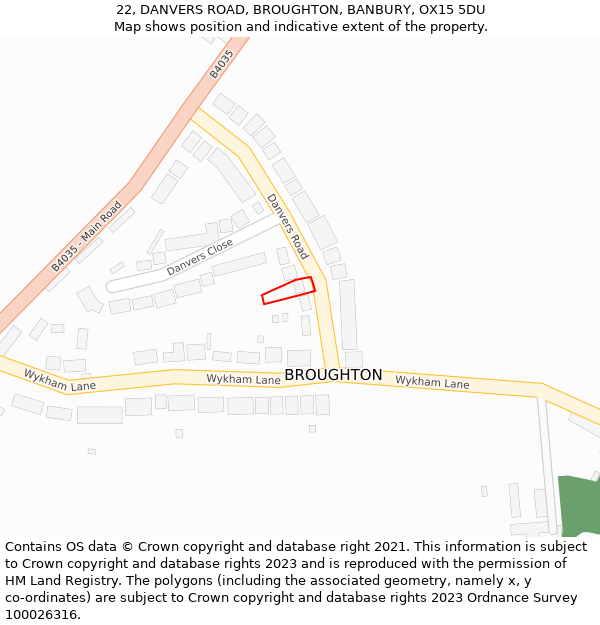 22, DANVERS ROAD, BROUGHTON, BANBURY, OX15 5DU: Location map and indicative extent of plot