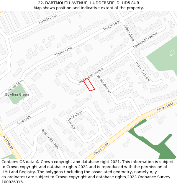 22, DARTMOUTH AVENUE, HUDDERSFIELD, HD5 8UR: Location map and indicative extent of plot