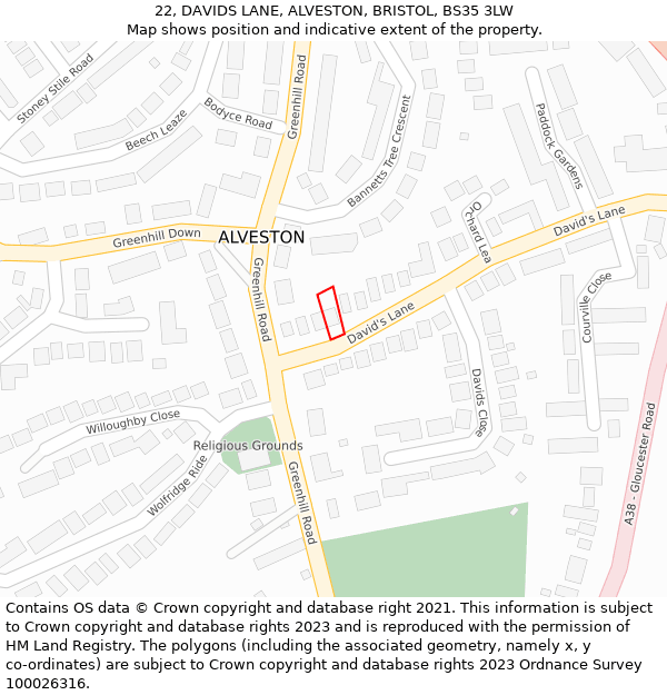 22, DAVIDS LANE, ALVESTON, BRISTOL, BS35 3LW: Location map and indicative extent of plot