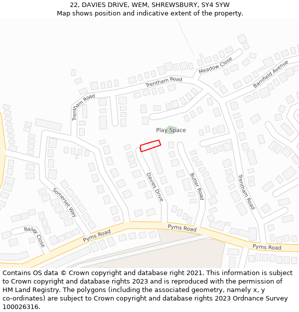 22, DAVIES DRIVE, WEM, SHREWSBURY, SY4 5YW: Location map and indicative extent of plot