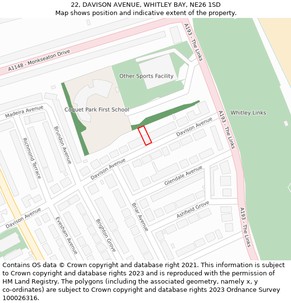 22, DAVISON AVENUE, WHITLEY BAY, NE26 1SD: Location map and indicative extent of plot