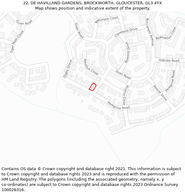 22, DE HAVILLAND GARDENS, BROCKWORTH, GLOUCESTER, GL3 4YX: Location map and indicative extent of plot