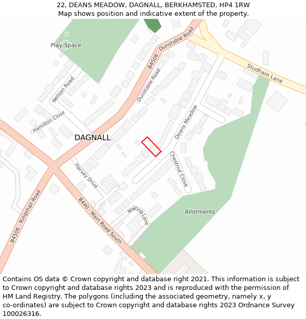 22, DEANS MEADOW, DAGNALL, BERKHAMSTED, HP4 1RW: Location map and indicative extent of plot