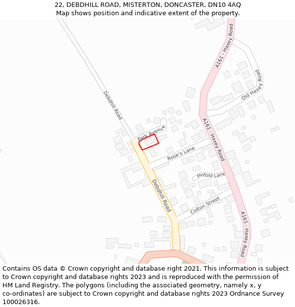 22, DEBDHILL ROAD, MISTERTON, DONCASTER, DN10 4AQ: Location map and indicative extent of plot