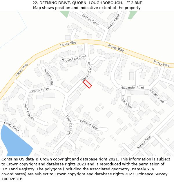 22, DEEMING DRIVE, QUORN, LOUGHBOROUGH, LE12 8NF: Location map and indicative extent of plot