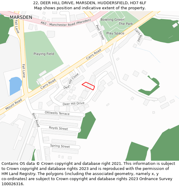 22, DEER HILL DRIVE, MARSDEN, HUDDERSFIELD, HD7 6LF: Location map and indicative extent of plot