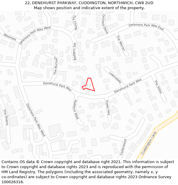 22, DENEHURST PARKWAY, CUDDINGTON, NORTHWICH, CW8 2UD: Location map and indicative extent of plot