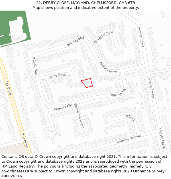 22, DERBY CLOSE, MAYLAND, CHELMSFORD, CM3 6TB: Location map and indicative extent of plot