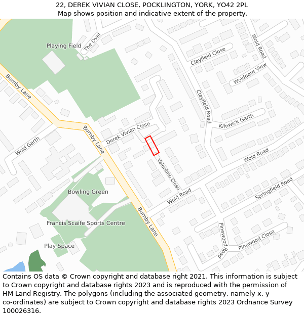 22, DEREK VIVIAN CLOSE, POCKLINGTON, YORK, YO42 2PL: Location map and indicative extent of plot