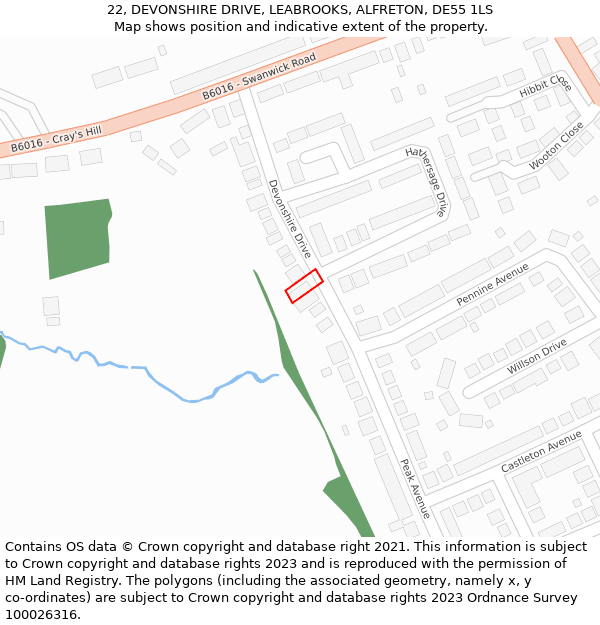 22, DEVONSHIRE DRIVE, LEABROOKS, ALFRETON, DE55 1LS: Location map and indicative extent of plot