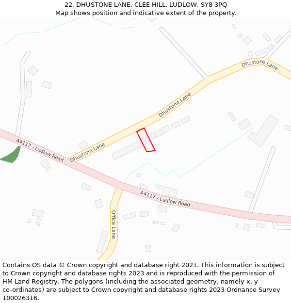 22, DHUSTONE LANE, CLEE HILL, LUDLOW, SY8 3PQ: Location map and indicative extent of plot