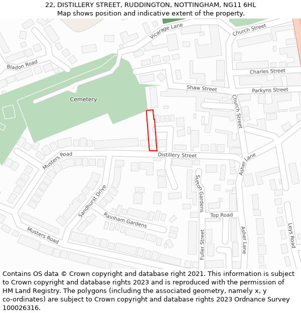 22, DISTILLERY STREET, RUDDINGTON, NOTTINGHAM, NG11 6HL: Location map and indicative extent of plot