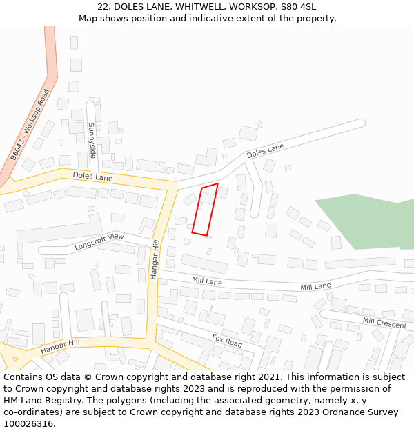 22, DOLES LANE, WHITWELL, WORKSOP, S80 4SL: Location map and indicative extent of plot