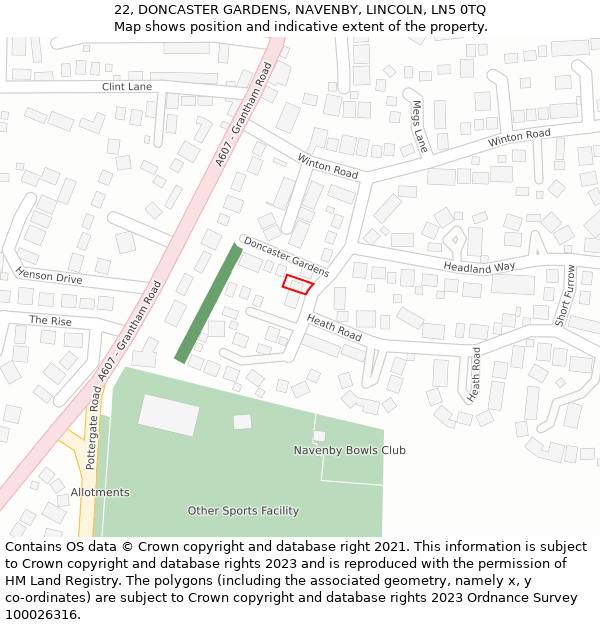 22, DONCASTER GARDENS, NAVENBY, LINCOLN, LN5 0TQ: Location map and indicative extent of plot