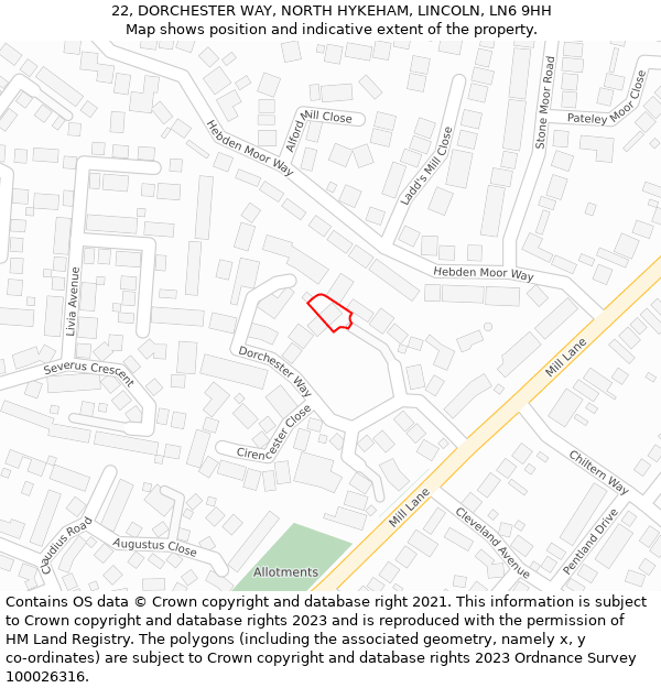 22, DORCHESTER WAY, NORTH HYKEHAM, LINCOLN, LN6 9HH: Location map and indicative extent of plot