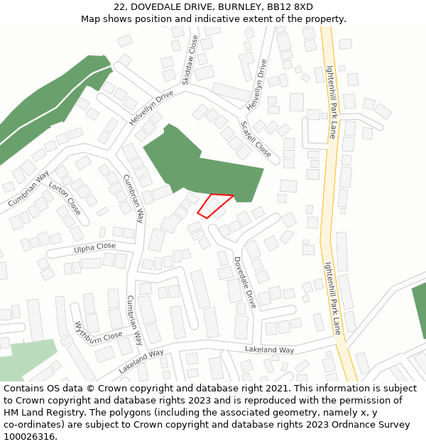 22, DOVEDALE DRIVE, BURNLEY, BB12 8XD: Location map and indicative extent of plot