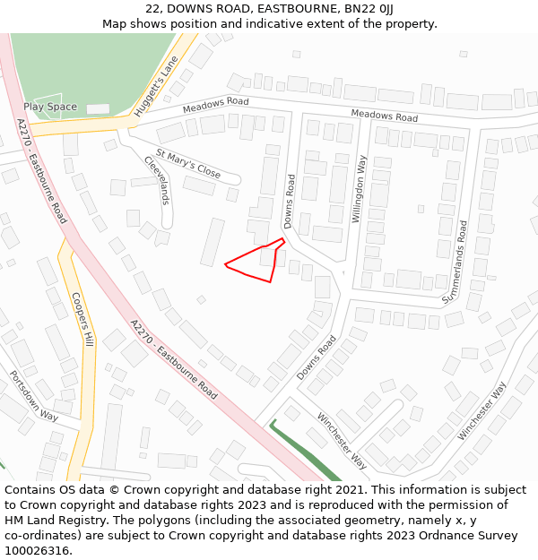 22, DOWNS ROAD, EASTBOURNE, BN22 0JJ: Location map and indicative extent of plot