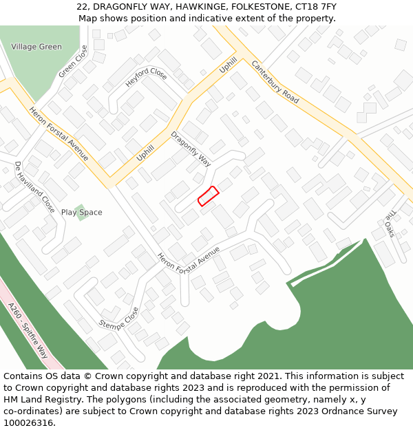 22, DRAGONFLY WAY, HAWKINGE, FOLKESTONE, CT18 7FY: Location map and indicative extent of plot