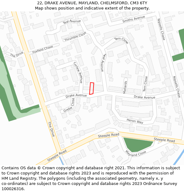 22, DRAKE AVENUE, MAYLAND, CHELMSFORD, CM3 6TY: Location map and indicative extent of plot