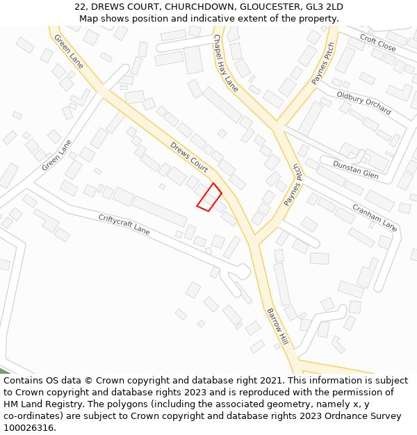 22, DREWS COURT, CHURCHDOWN, GLOUCESTER, GL3 2LD: Location map and indicative extent of plot