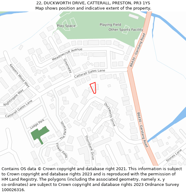 22, DUCKWORTH DRIVE, CATTERALL, PRESTON, PR3 1YS: Location map and indicative extent of plot