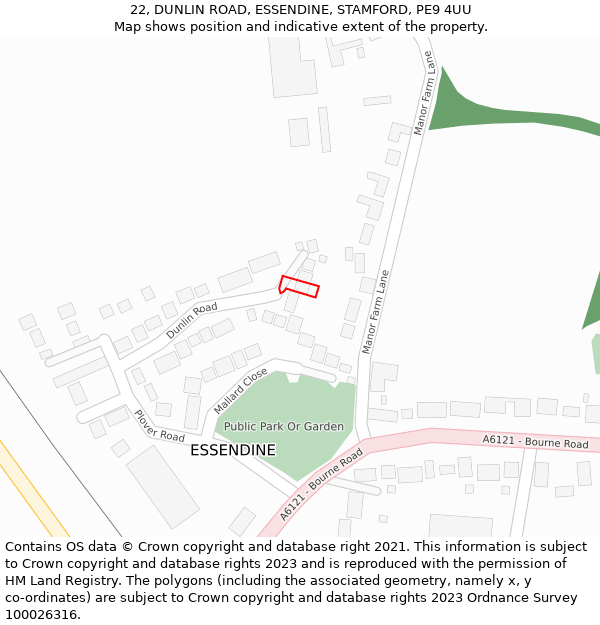 22, DUNLIN ROAD, ESSENDINE, STAMFORD, PE9 4UU: Location map and indicative extent of plot