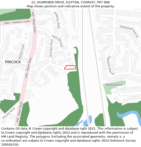 22, DUNROBIN DRIVE, EUXTON, CHORLEY, PR7 6NE: Location map and indicative extent of plot