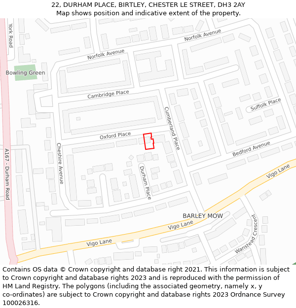 22, DURHAM PLACE, BIRTLEY, CHESTER LE STREET, DH3 2AY: Location map and indicative extent of plot