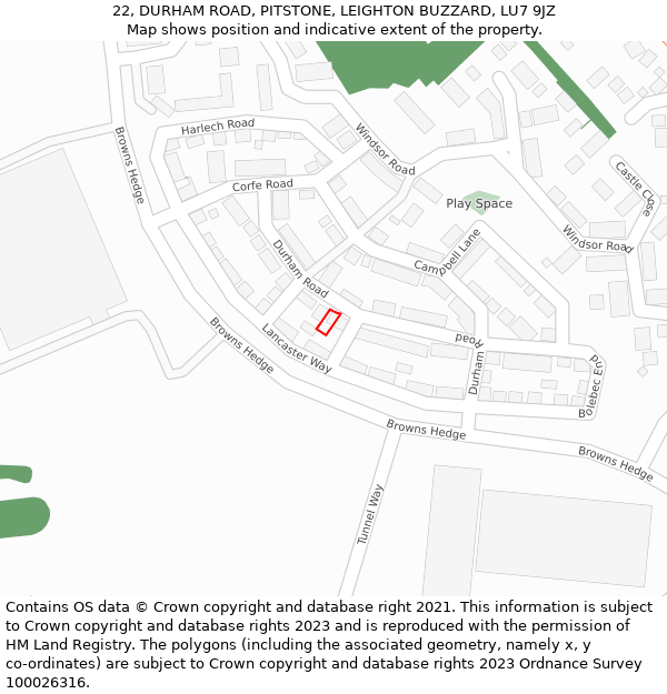 22, DURHAM ROAD, PITSTONE, LEIGHTON BUZZARD, LU7 9JZ: Location map and indicative extent of plot