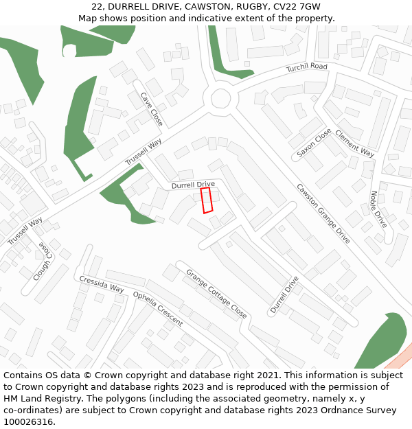 22, DURRELL DRIVE, CAWSTON, RUGBY, CV22 7GW: Location map and indicative extent of plot