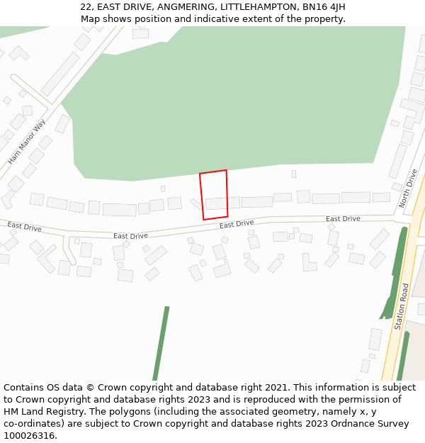 22, EAST DRIVE, ANGMERING, LITTLEHAMPTON, BN16 4JH: Location map and indicative extent of plot