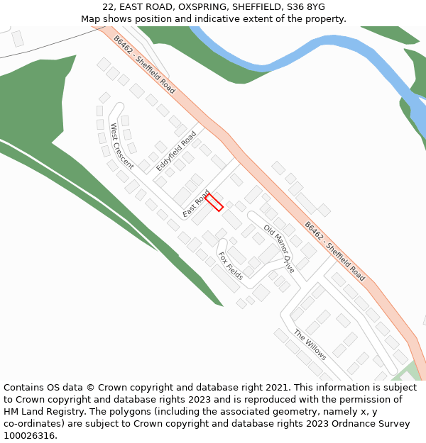 22, EAST ROAD, OXSPRING, SHEFFIELD, S36 8YG: Location map and indicative extent of plot