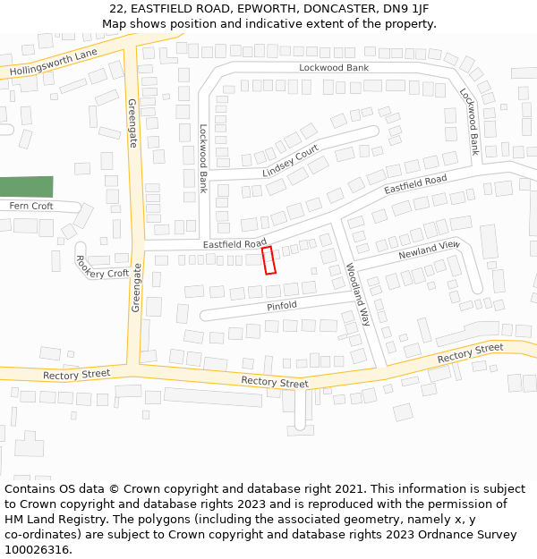 22, EASTFIELD ROAD, EPWORTH, DONCASTER, DN9 1JF: Location map and indicative extent of plot